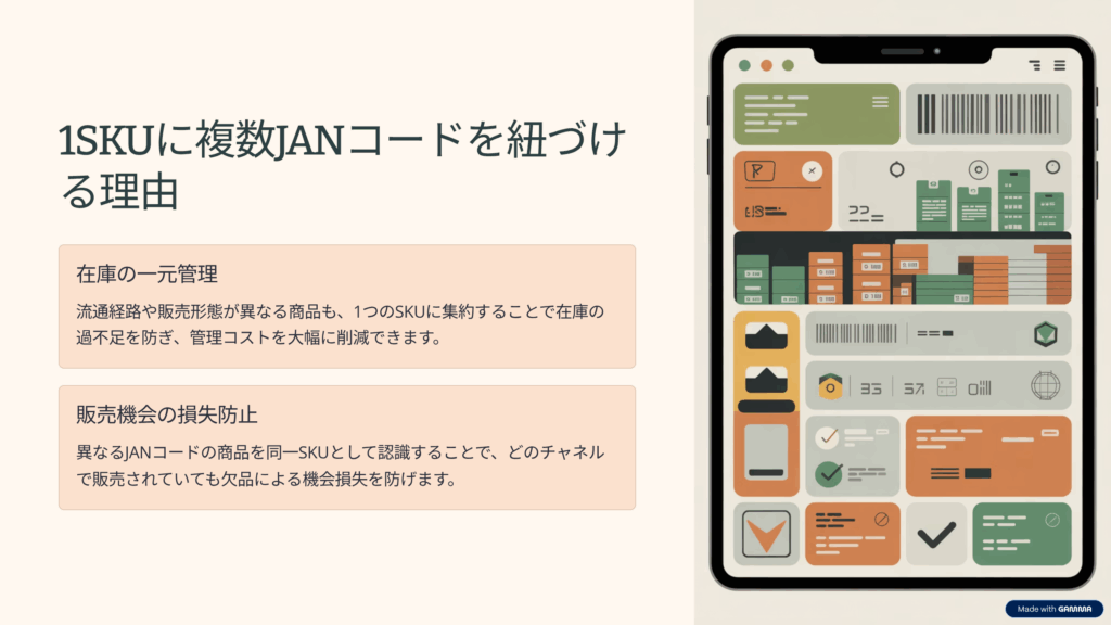 １SKUに複数JANコードを紐付ける理由サマリースライド