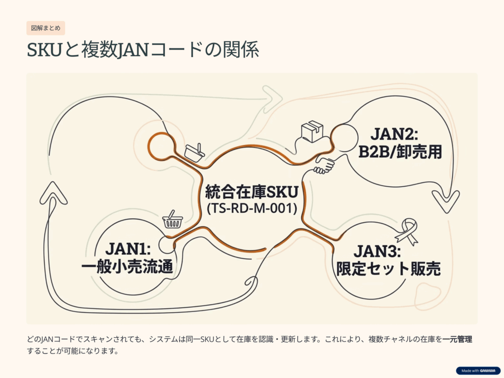 SKUと複数JANコードの関係を図で表したスライド