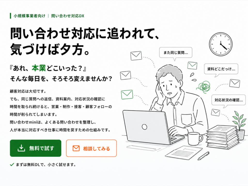 問い合わせ対応に追われて、気づけば夕方　AIが作成したLPファーストビュー用デザインカンプ