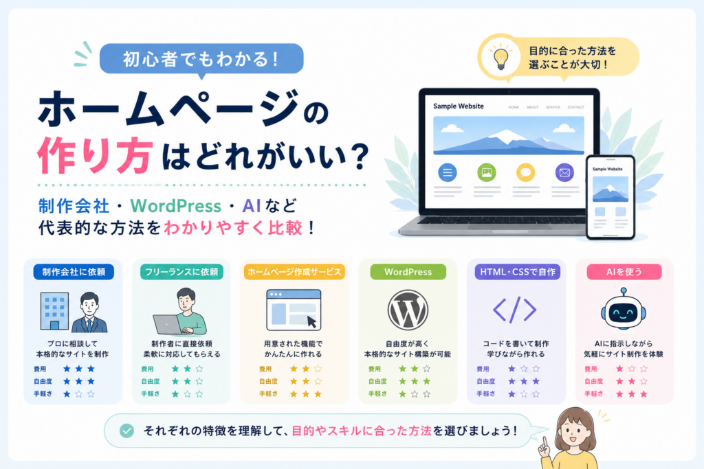 ホームページの作り方はどれがいい？制作会社・WordPress・AIなど初心者向けに比較